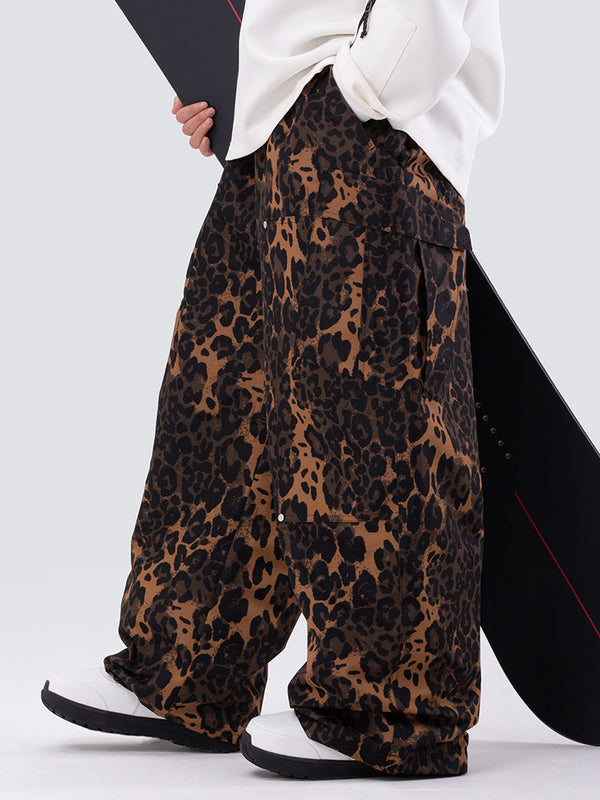 Herren-Skihose mit doppeltem Knieausschnitt, Leopardenmuster, weit geschnitten, für Mountain Freestyle, Baggy-Stil