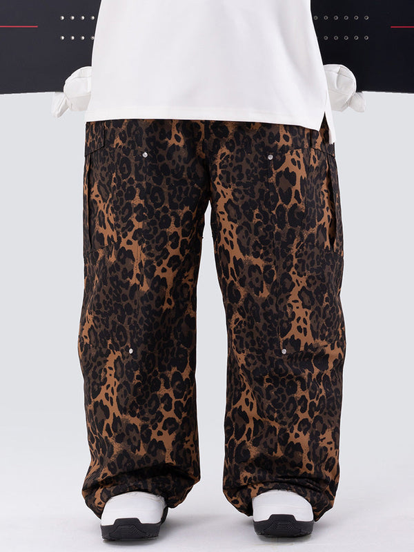 Herren-Skihose mit doppeltem Knieausschnitt, Leopardenmuster, weit geschnitten, für Mountain Freestyle, Baggy-Stil