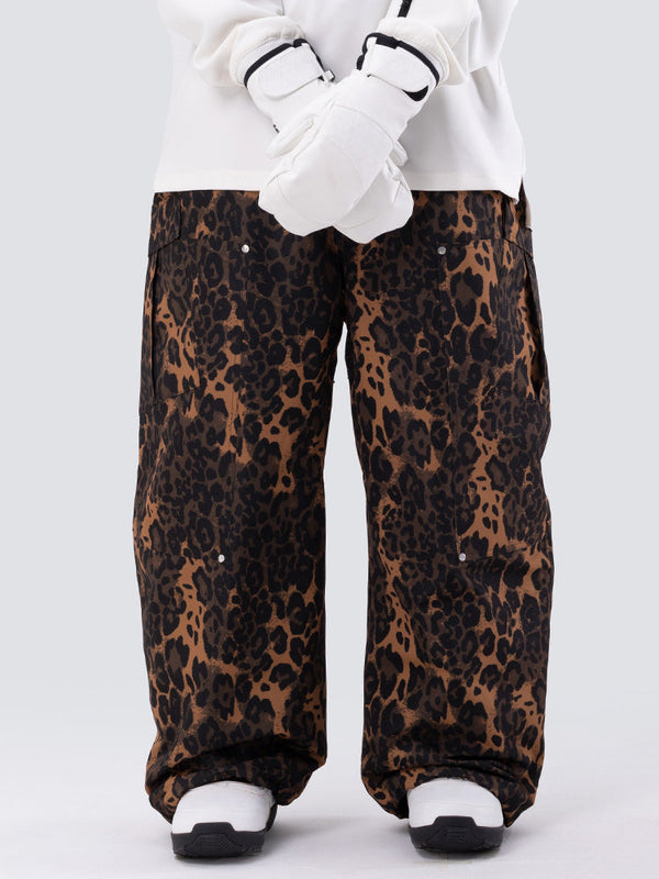 Damen-Skihose mit doppeltem Knie, Leopardenmuster, weit geschnitten, für Mountain Freestyle, Baggy-Stil