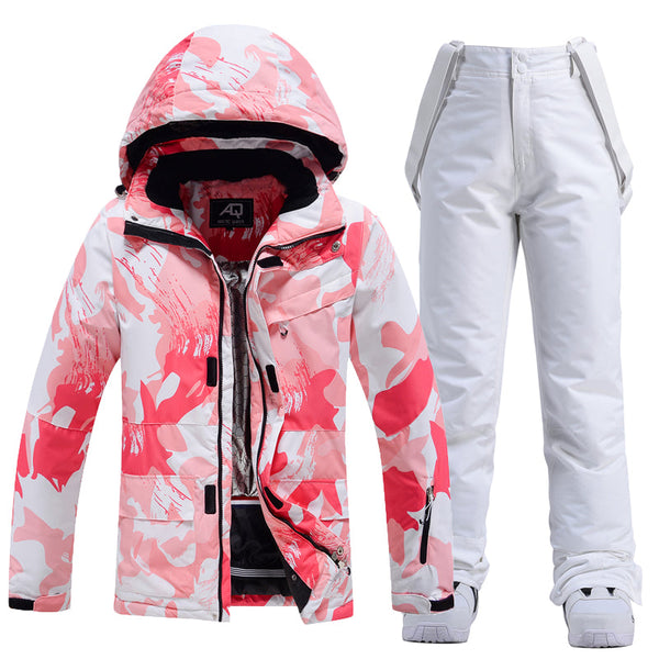 Zweiteiliger, isolierter Schneeanzug Arctic Queen für Damen aus rosafarbenem Gänseleder