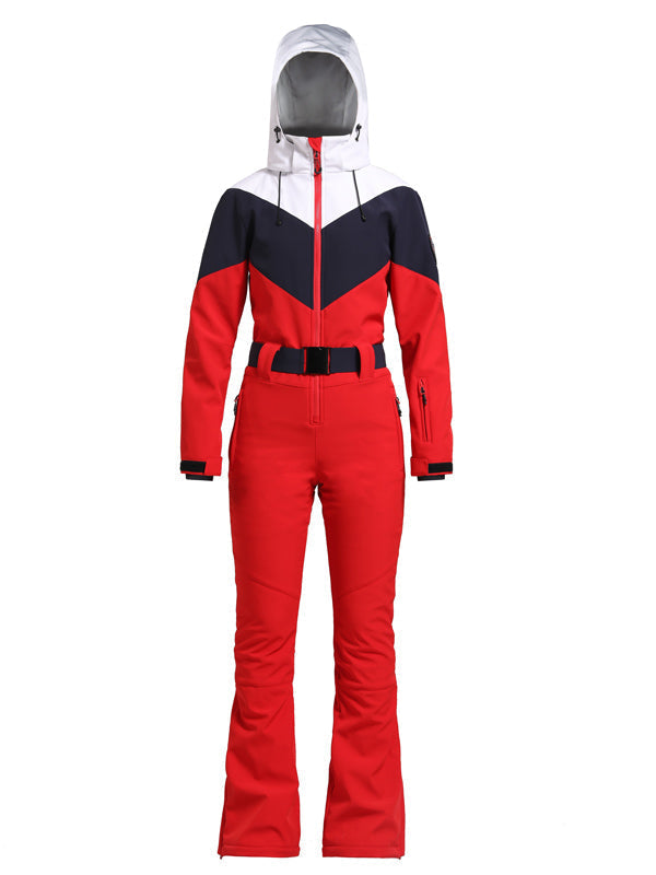 Gsou Snow Retro Damen-Skianzug mit Gürtel und farblich abgesetztem ausgestelltem Bein