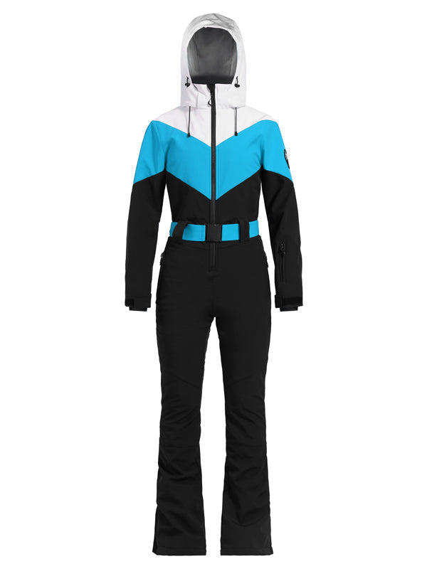 Gsou Snow Retro Damen-Skianzug mit Gürtel und farblich abgesetztem ausgestelltem Bein