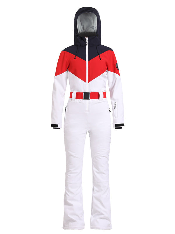 Gsou Snow Retro Damen-Skianzug mit Gürtel und farblich abgesetztem ausgestelltem Bein
