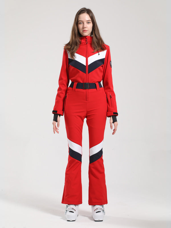 Gsou Snow Retro Damen-Skianzug mit Gürtel, V-Streifen und ausgestelltem Bein