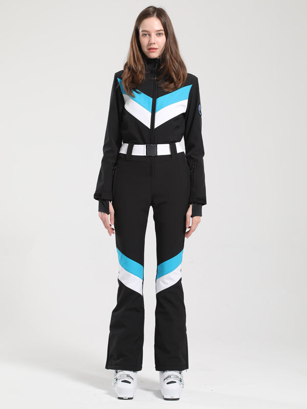 Gsou Snow Retro Damen-Skianzug mit Gürtel, V-Streifen und ausgestelltem Bein