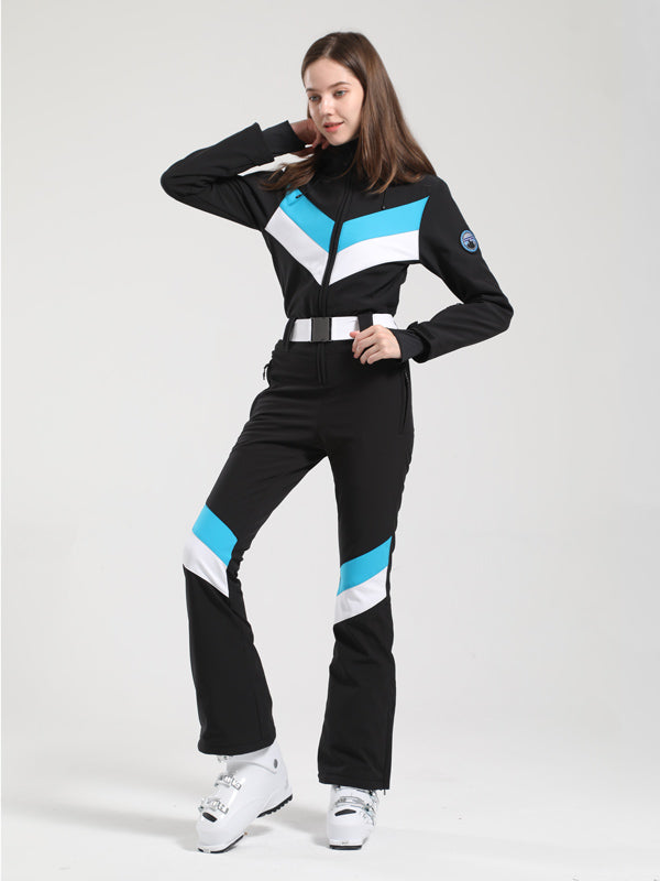 Gsou Snow Retro Damen-Skianzug mit Gürtel, V-Streifen und ausgestelltem Bein