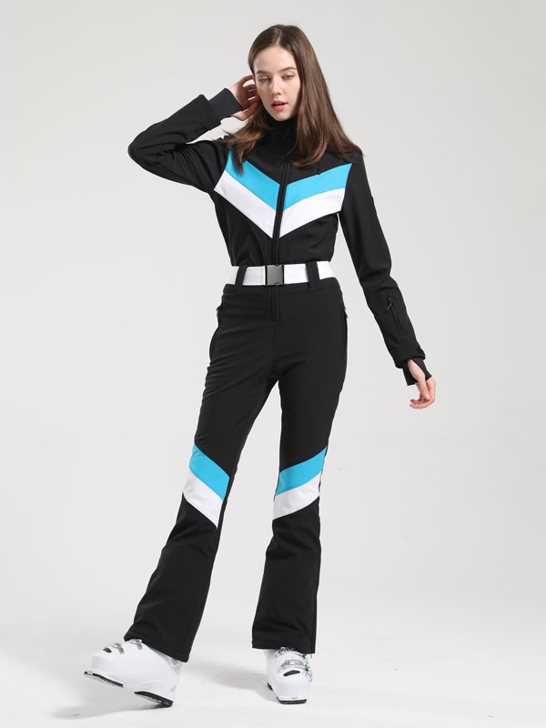Gsou Snow Retro Damen-Skianzug mit Gürtel, V-Streifen und ausgestelltem Bein