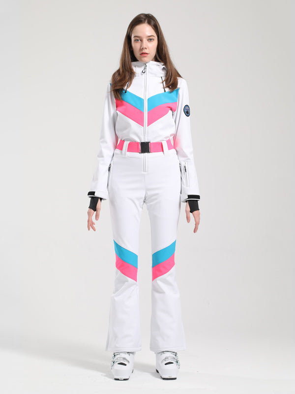Gsou Snow Retro Damen-Skianzug mit Gürtel, V-Streifen und ausgestelltem Bein