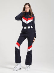 Gsou Snow Retro Damen-Skianzug mit Gürtel, V-Streifen und ausgestelltem Bein
