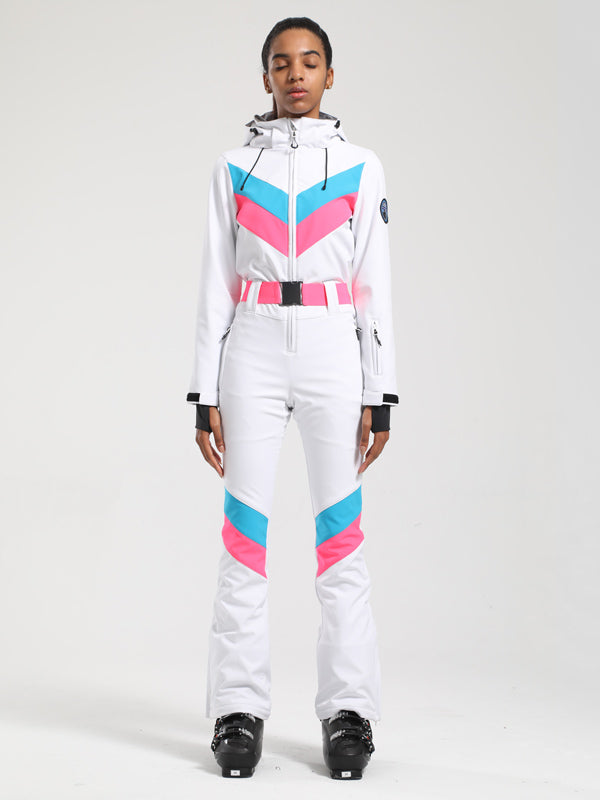 Gsou Snow Retro Damen-Einteiler mit Gürtel, V-Streifen und ausgestelltem Bein