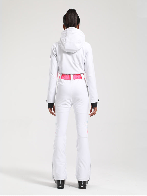 Gsou Snow Retro Damen-Einteiler mit Gürtel, V-Streifen und ausgestelltem Bein