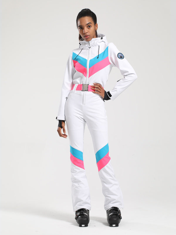 Gsou Snow Retro Damen-Einteiler mit Gürtel, V-Streifen und ausgestelltem Bein