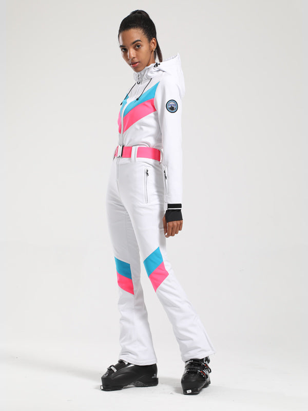 Gsou Snow Retro Damen-Einteiler mit Gürtel, V-Streifen und ausgestelltem Bein