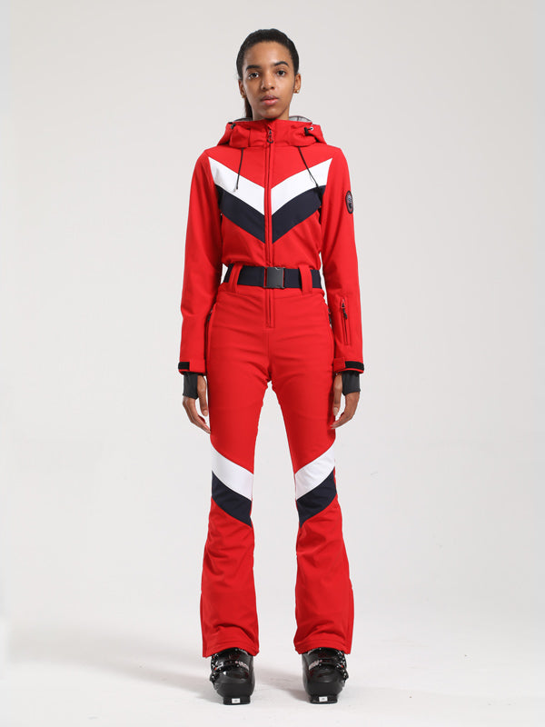 Gsou Snow Retro Damen-Einteiler mit Gürtel, V-Streifen und ausgestelltem Bein