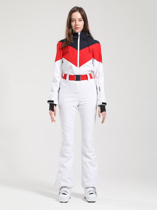 Gsou Snow Retro Damen-Skianzug mit Gürtel und farblich abgesetztem ausgestelltem Bein