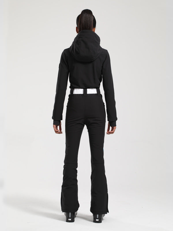 Gsou Snow Retro Damen-Einteiler mit Gürtel, V-Streifen und ausgestelltem Bein