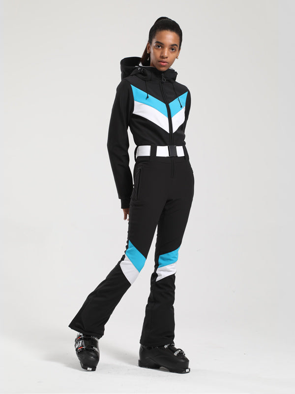 Gsou Snow Retro Damen-Einteiler mit Gürtel, V-Streifen und ausgestelltem Bein