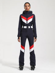 Gsou Snow Retro Damen-Einteiler mit Gürtel, V-Streifen und ausgestelltem Bein