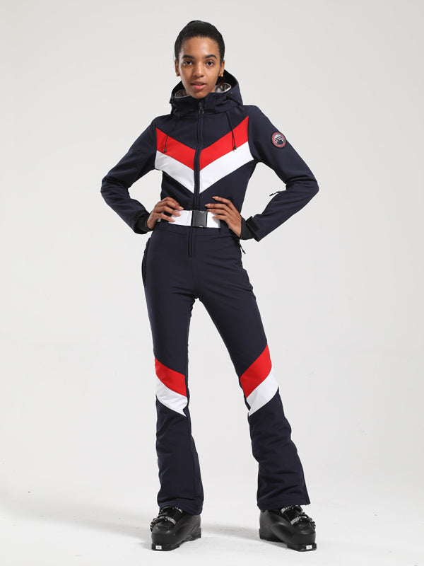 Gsou Snow Retro Damen-Einteiler mit Gürtel, V-Streifen und ausgestelltem Bein