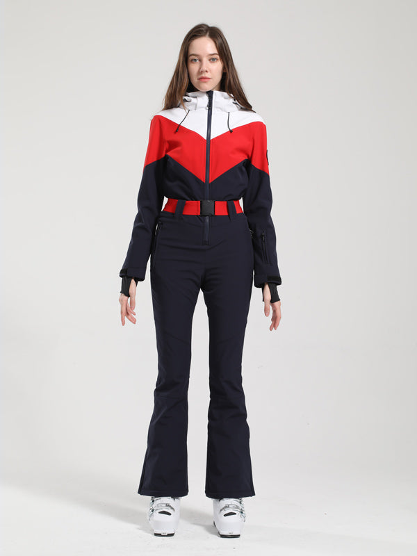 Gsou Snow Retro Damen-Skianzug mit Gürtel und farblich abgesetztem ausgestelltem Bein