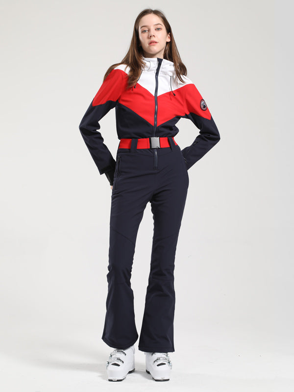Gsou Snow Retro Damen-Skianzug mit Gürtel und farblich abgesetztem ausgestelltem Bein