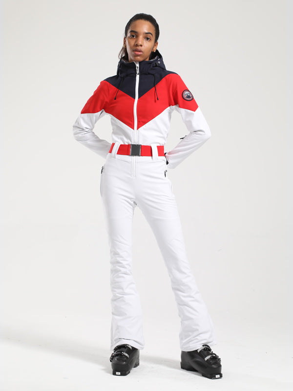 Gsou Snow Retro Damen-Skianzug mit Gürtel und farblich abgesetztem ausgestelltem Bein