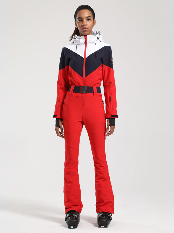 Gsou Snow Retro Damen-Skianzug mit Gürtel und farblich abgesetztem ausgestelltem Bein