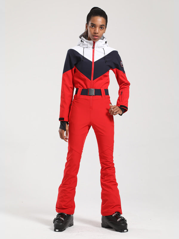 Gsou Snow Retro Damen-Skianzug mit Gürtel und farblich abgesetztem ausgestelltem Bein