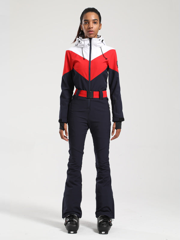 Gsou Snow Retro Damen-Skianzug mit Gürtel und farblich abgesetztem ausgestelltem Bein