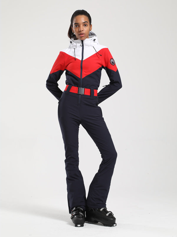 Gsou Snow Retro Damen-Skianzug mit Gürtel und farblich abgesetztem ausgestelltem Bein