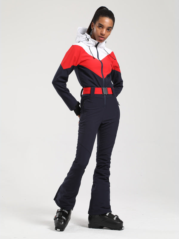 Gsou Snow Retro Damen-Skianzug mit Gürtel und farblich abgesetztem ausgestelltem Bein