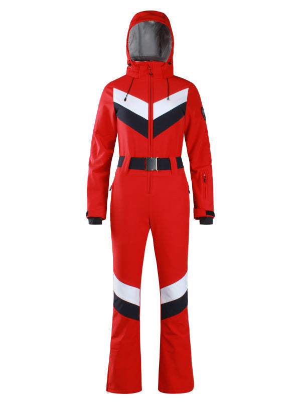 Gsou Snow Retro Damen-Skianzug mit Gürtel, V-Streifen und ausgestelltem Bein