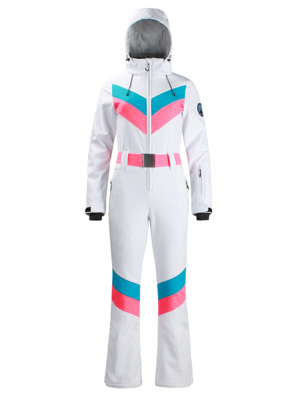 Gsou Snow Retro Damen-Skianzug mit Gürtel, V-Streifen und ausgestelltem Bein