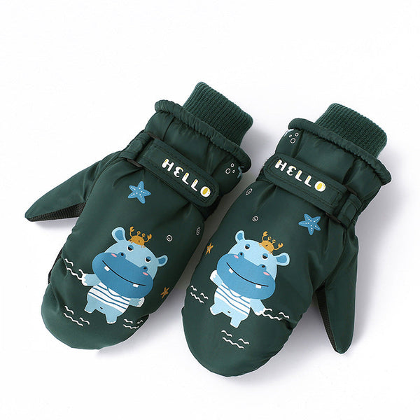 Wasserdichte Schneehandschuhe von Snowshred für Kinder mit niedlichem Nilpferd-Tiermuster