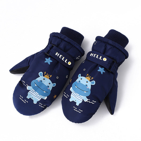 Wasserdichte Schneehandschuhe von Snowshred für Kinder mit niedlichem Nilpferd-Tiermuster