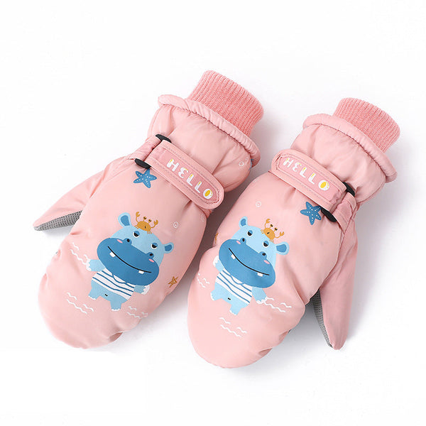 Wasserdichte Schneehandschuhe von Snowshred für Kinder mit niedlichem Nilpferd-Tiermuster